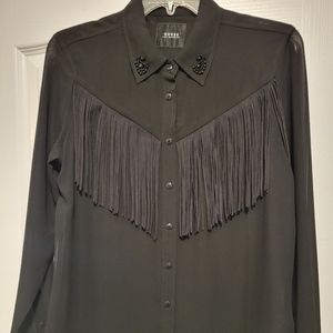 GUESS tassle blouse. Sz S, sheer, button front, black